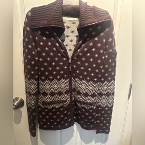 Athleta Teton Full Zip Sweater Jacket BROWN Burgundy /TAN Nordic Wool Size M